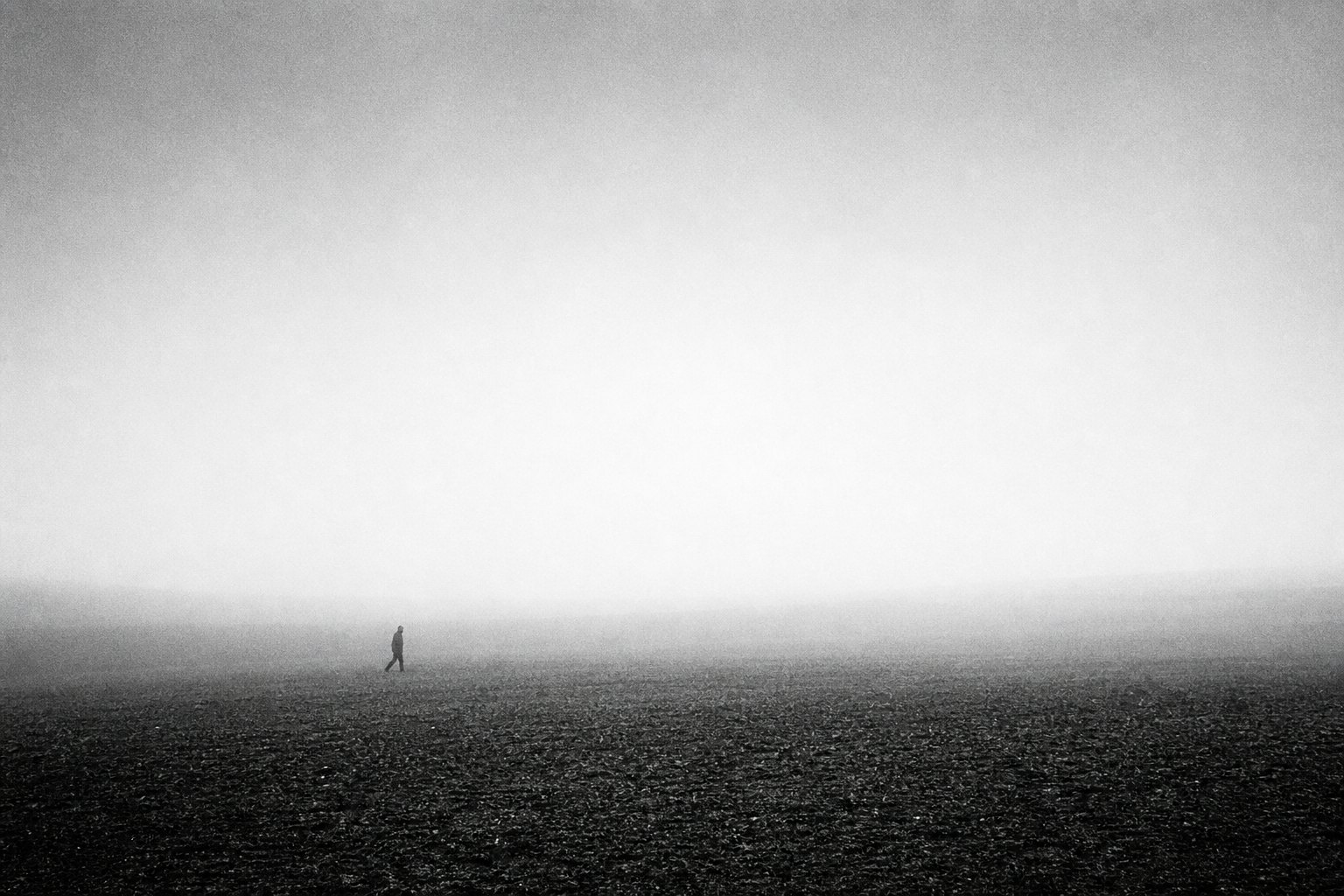 Figura solitária atravessando campo coberto de neblina, em preto e branco